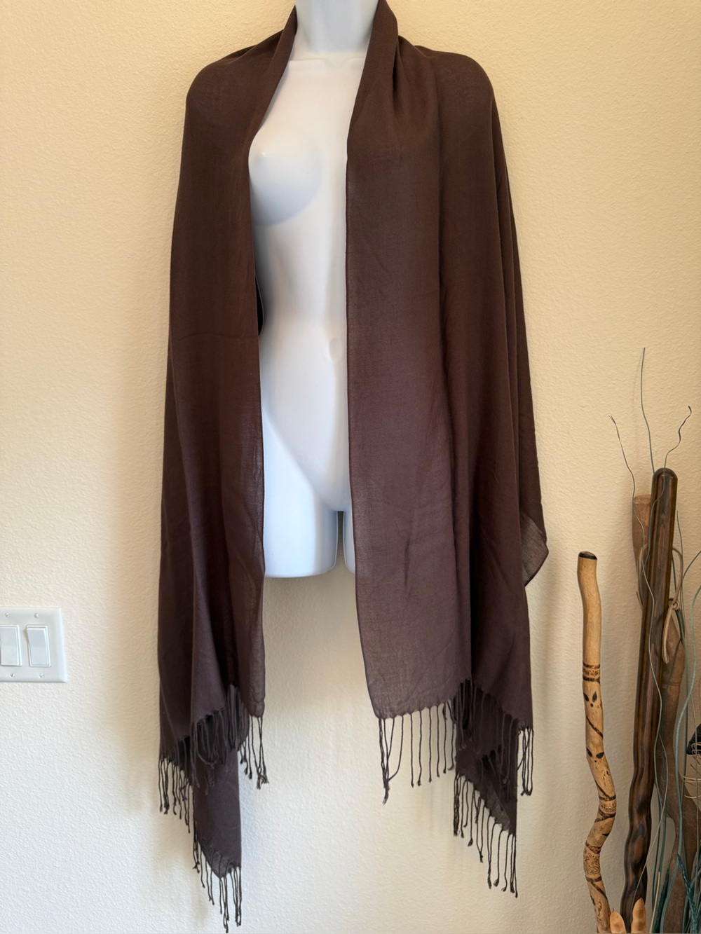 Wrap Shawl Scarf Brown Woven Oversized Fringed 88x29
